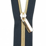 Navy #5 Nylon Gold Coil Zippers: 3 Yards with 9 Pulls