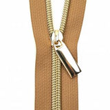 Natural #5 Nylon Gold Coil Zippers: 3 Yards with 9 Pulls