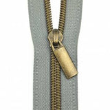 Grey #5 Nylon Antique Coil Zippers: 3 Yards with 9 Pulls